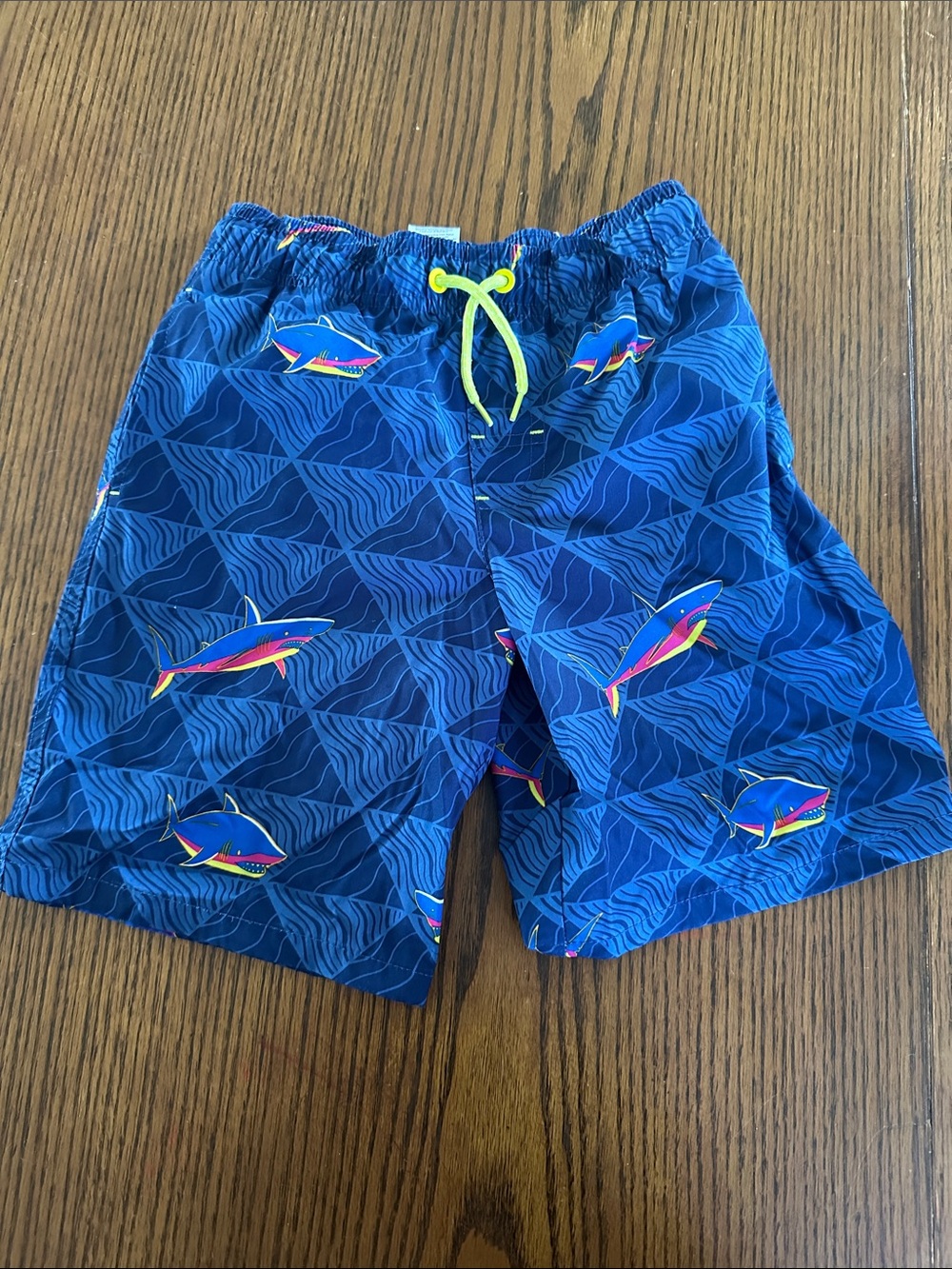wonder nation Blue Shark Print Swim Trunks with Neon Yellow Drawstring